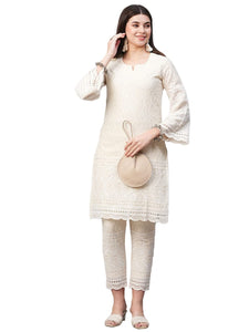 Gosriki Women'S Pure Cotton Chikankari Embroidered Straight Kurta With Pant (Mavak Cream01-Gs_M_Cream_Medium),Cream,,B0BSVD1JKR