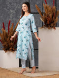 Gosriki Women'S Cotton Blend Straight Printed Kurta With Pant (Bhutam Blue-Gs_M_Blue_Medium),Blue,,B0D5VKZ1X5
