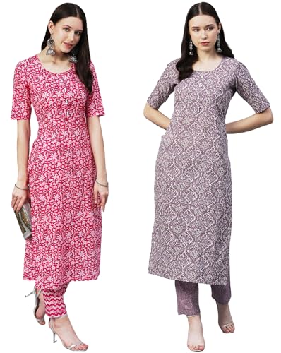 Gosriki Women'S Cotton Blend Printed Straight Kurta With Pant Pack Of 2 (Combo-Azrak-Batakli-Gs_Xl_Multi_X-Large) Multicolour,Multicolour,,B0CM9JPNR3