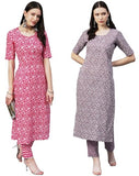 Anni Designer Women'S Cotton Blend Printed Straight Kurta With Pant Pack Of 2 (Combo-Azrak-Batakli_Multicolor_Xx-Large),Multicolour,2XL