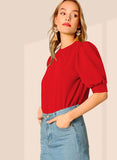 Wedani Women'S Casual Puff Sleeves Round Collor Solid Top (Large Red),Red,L,Polyester,Regular,