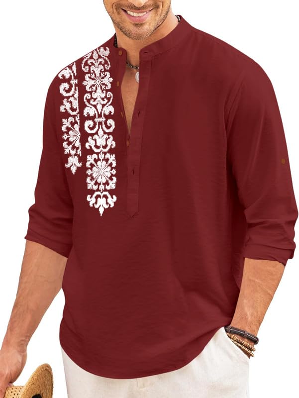Royalscout Men'S Regular Fit Stylish Embroidered Design Cotton Blend Full Sleeve Short Straight Kurta Shirt Maroon
