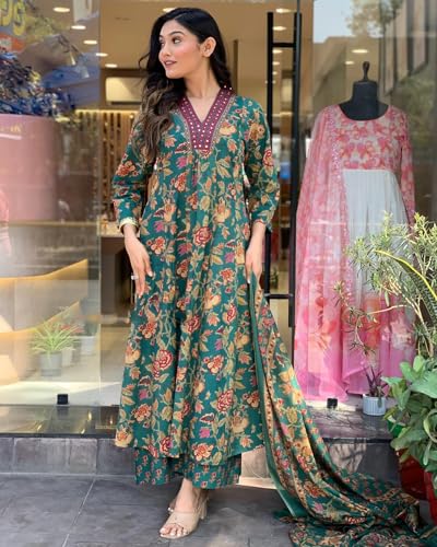 Anni Designer Women'S Rayon Blend Anarkali Printed Kurta With Palazzo & Dupatta (Cia Green-Vks01_3Xl_Green_Xxx-Large),Green,3XL,Rayon Blend,Anarkali,