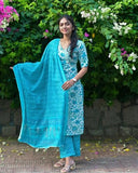 Anni Designer Women'S Cotton Blend Straight Printed Kurta With Pant & Dupatta (Ramitara Blue_M_Blue_Medium),Blue,M,Rayon Blend,Regular,