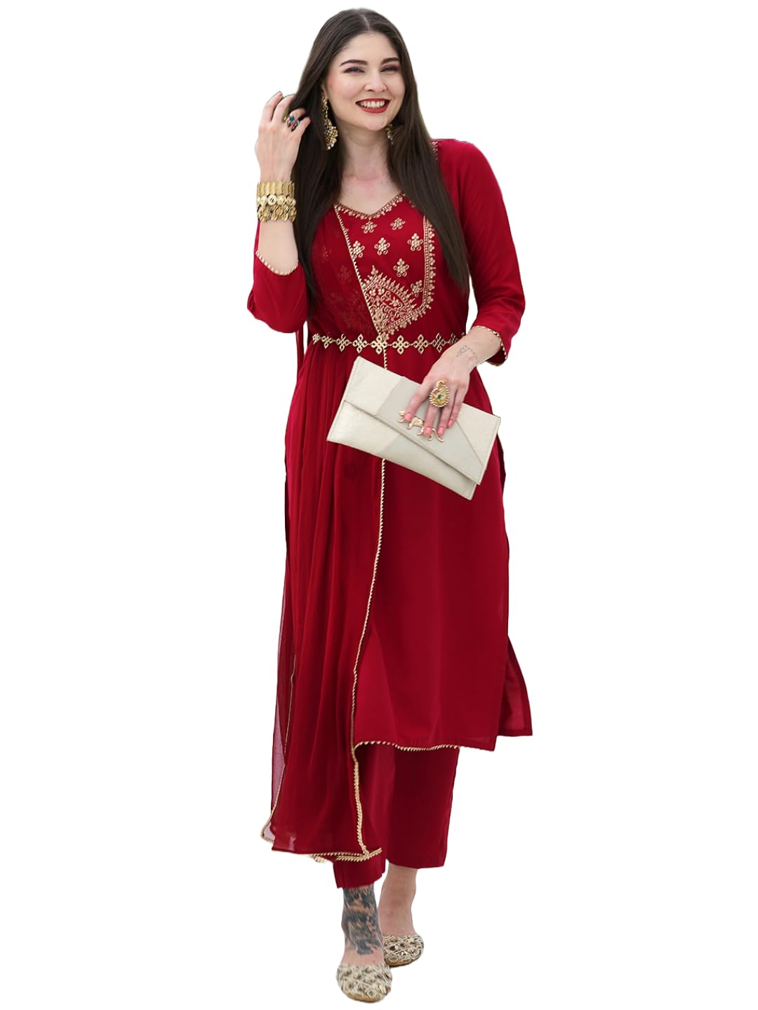 Gosriki Women'S Cotton Blend Embroidered Straight Kurta With Pant & Dupatta (Bgm Maroon-Gs_Xl_Maroon_X-Large),Maroon,,B0CHSDSZG1