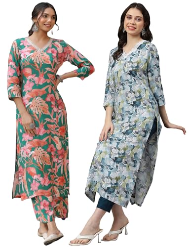 Anni Designer Women'S Cotton Blend Printed Straight Kurta With Pant Pack Of 2 (Chinki Green-Southz Blue_L_Multi_Large),Multicolour,L