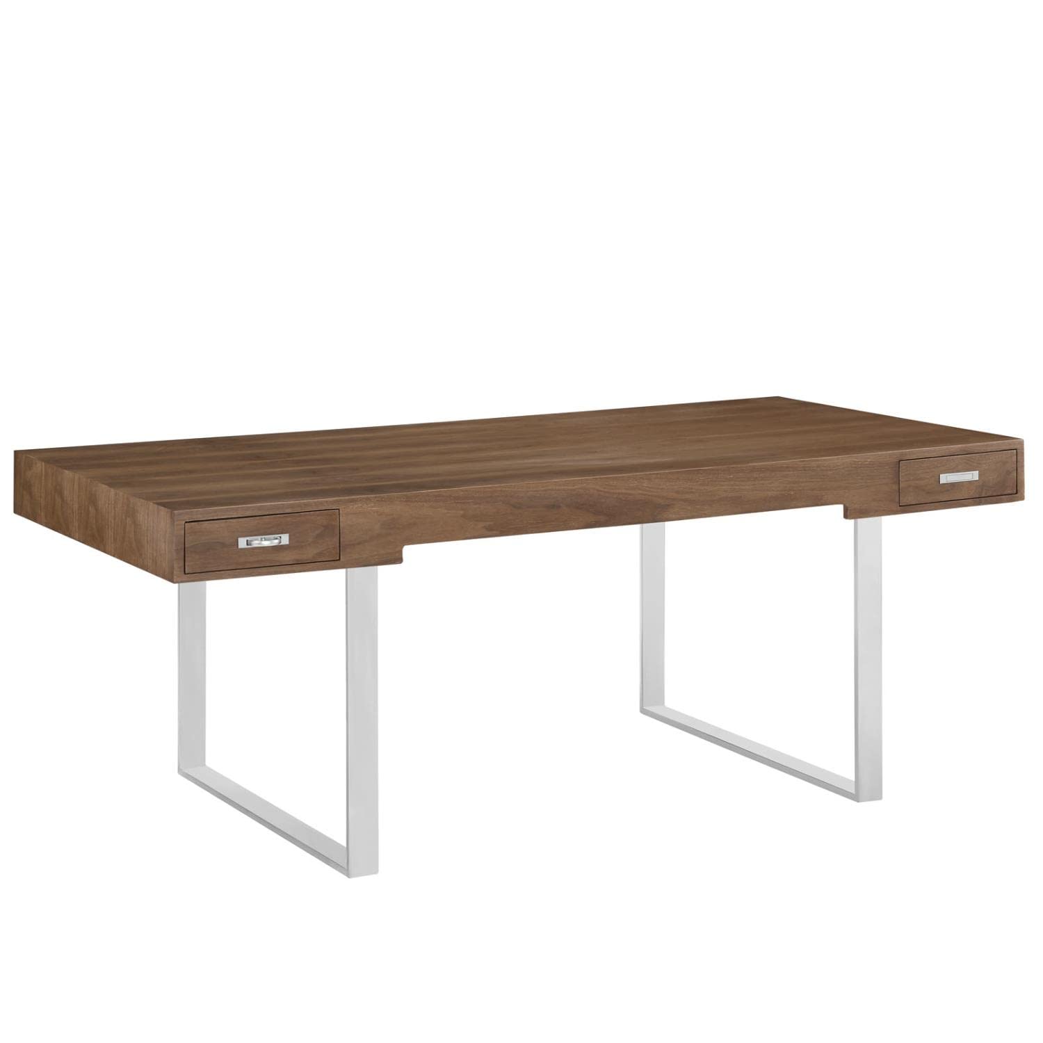 Modway Tinker Contemporary Modern Wood And Stainless Steel Office Desk With Two Drawers In Walnut