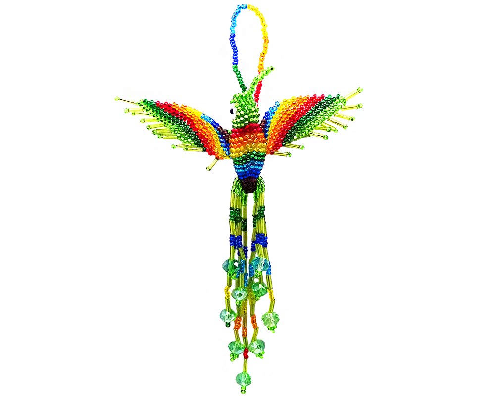 Hummingbird Hanging Figurine Ornament Czech Glass Seed Bead Fringe Tail Dangles - Handmade Gifts Spirit Animal Boho Accessories