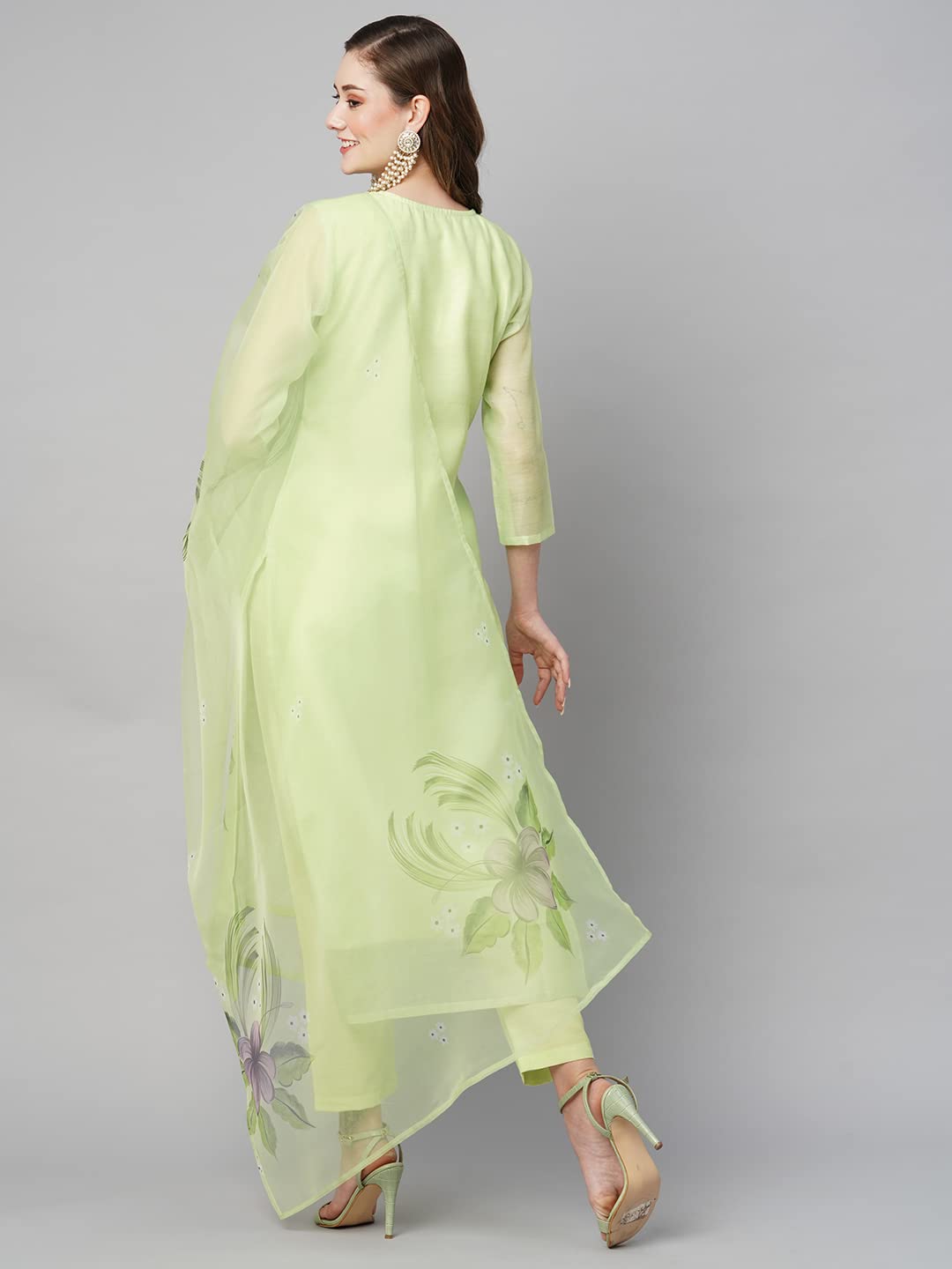 Anni Designer Women'S Chanderi Cotton Straight Printed Kurta With Pant & Dupatta (Idika Green-Nw_S_Green_Small),Green,S,Cotton Blend,Regular,Kurta, Scarf