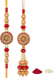 Store Indya Premium Designer Peach Rakhi Set Of 2 With Roli Chawal For Bhaiya Bhabhi Traditional Lumba Set, Thread Rakhi With S,Nylon,Multicolor