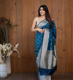 Flosive Womens Barry Blue & Patola Kanjivaram Silk Saree With Blouse