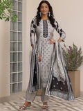 Libas Womens Printed Silk Blend Straight Kurta With Salwar And Dupatta Grey 2Xl