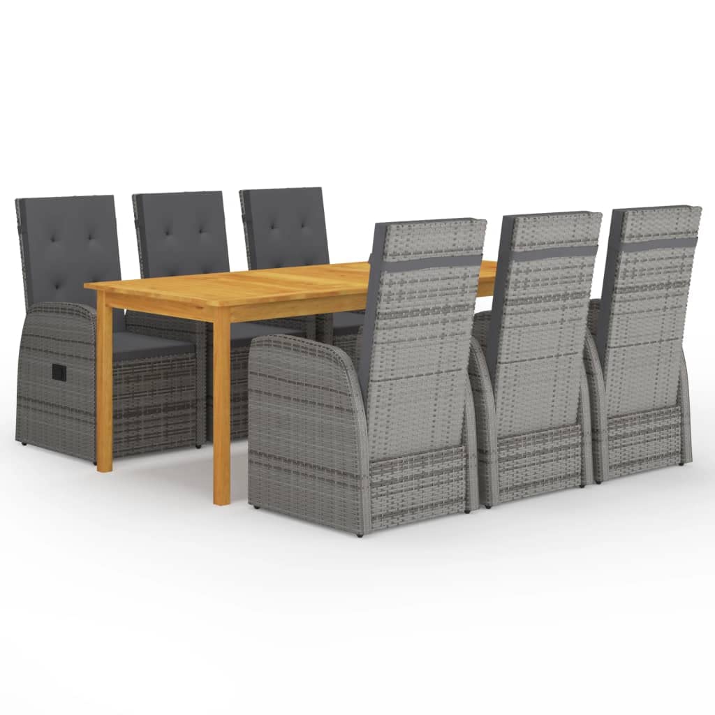 Vidaxl 7 Piece Patio Dining Set - Gray Pe Rattan Chairs With Thick Cushions & Solid Acacia Wood Table - Adjustable Back & Foot Rest - Weather-Resistant Outdoor Furniture