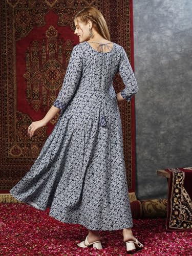 Gosriki Women'S Cotton Blend Anarkali Printed Kurta With Pant (Ghera Blue-Gs_L_Blue_Large),Blue,,B0D73W97XJ
