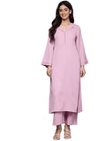Varanga Women Mauve V Neck With Collar Detailed Straight Kurta With Bottom