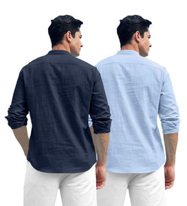 Royalscout Combo Of Men'S Solid Cotton Blend Full Sleeve Straight Kurta Shirt (Pack Of 2) Navy-Sky Navy-Sky L