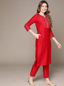 Anubhutee Women'S Cotton Red Woven Design Thread Work Straight Kurta Suit Set With Pants Red Xl