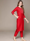 Anubhutee Women'S Cotton Red Woven Design Thread Work Straight Kurta Suit Set With Pants Red Xl