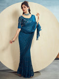 Satrani Womens Pure Georgette Saree (3473S694N_Teal Blue)