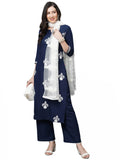 Gosriki Women'S Cotton Blend Straight Embroidered Kurta With Palazzo & Dupatta (Coin Cerosin_M-Gs_Cerosin_Medium) Dark Blue,Dark Blue,,B0BDX3CMPG