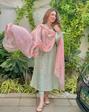 Anni Designer Women'S Rayon Blend Embroidered Straight Kurta With Pant & Dupatta (Baad Green_M_Green_Medium),Green,M,Rayon Blend,Regular,Kurta, Scarf