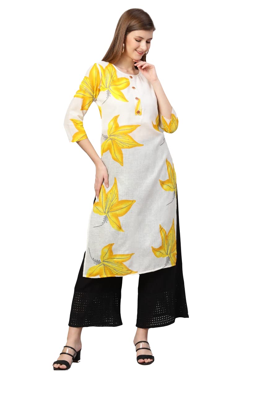 Gosriki Women'S Cotton Printed Straight Kurti (Alisha White & Yellow_M-Go_White & Yellow_Medium),White & Yellow,,B09Q6BH5WZ