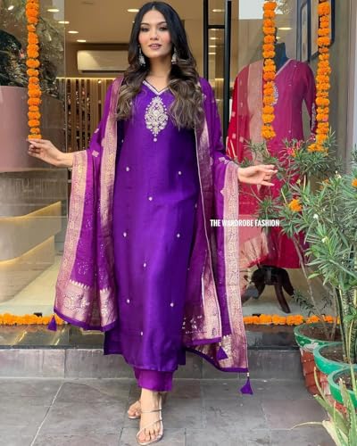 Gosriki Women'S Silk Blend Straight Embroidered Kurta With Pant & Dupatta (Premium Begani-Nw-Gs_Xl_Begani_X-Large),Begani,,B0D9WCFBL8