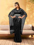 Womanista Women'S Belted Satin Kaftan Black Saree With Un-Stitched Blouse