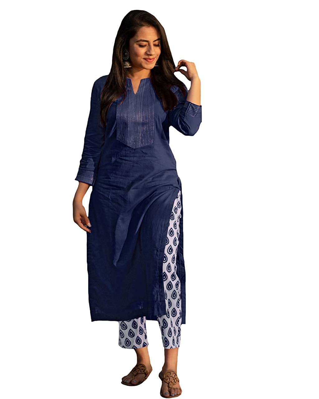 Anni Designer Women'S Cotton Kurta With Palazzo (Ats Navy Blue New Large),Navy blue,L