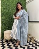 Anni Designer Women'S Rayon Blend Anarkali Printed Kurta With Pant & Dupatta (Rayka White-Vks01_M_White_Medium),White,M,Rayon Blend,Anarkali,