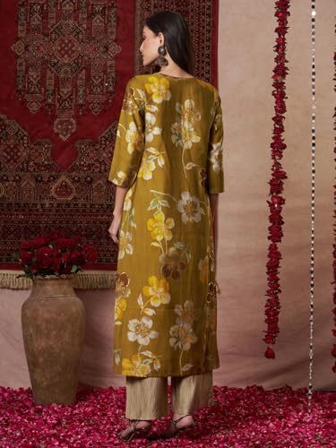 Anni Designer Women'S Rayon Blend Straight Printed Kurta With Pant (Kejri Gold_M_Gold_Medium),Gold,M,Rayon Blend,Casual,