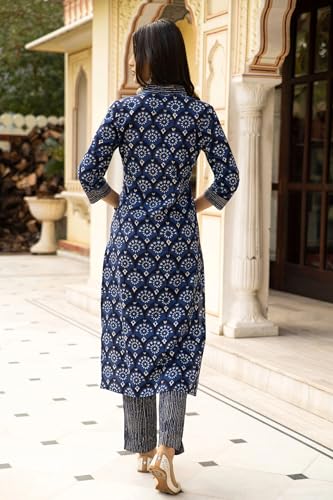 Anni Designer Women'S Cotton Blend Straight Printed Kurta With Pant & Dupatta (Obito Navy Blue_Xxl_Navy Blue_Xx-Large),Navy Blue,2XL,Cotton Blend,Obito Navy Blue_1373,