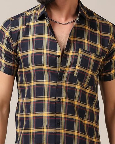 Toplot Men'S Regular Fit Casual Shirt Checks Design With Spread Collar & Half Sleeves (Chex-Shirt-5177-Yellow-L),Yellow,,B0CYGTPV8F