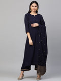 Anni Designer Women'S Cotton Straight Kurta With Palazzo & Dupatta (Ekaa Navy Blue_Xl_Navy Blue_X-Large),Navy Blue,XL,Cotton Blend,Straight,Kurta, Pants, Scarf