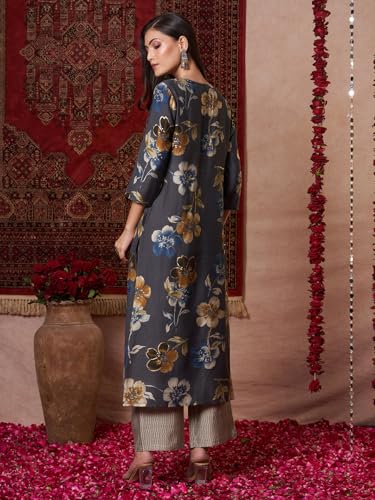 Anni Designer Women'S Rayon Blend Straight Printed Kurta With Pant (Kejri Grey_Xl_Grey_X-Large),Grey,XL,Rayon Blend,Classic,