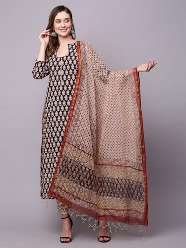 Anni Designer Women'S Cotton Blend Printed Straight Kurta With Pant & Dupatta Pack Of 2 (Combo-Nayantara Black-Coco-Wine_Multicolor_Xx-Large),Multicolour,2XL,Cotton Blend,Cmb-Nayantra025,