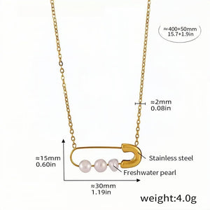 Gold Safety Pin Necklace with Freshwater Pearls  Stainless Steel Pendant Chain Dainty Statement Jewelry (15.7in + 1.9in) 4.0g