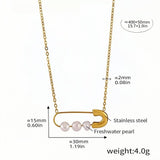 Gold Safety Pin Necklace with Freshwater Pearls  Stainless Steel Pendant Chain Dainty Statement Jewelry (15.7in + 1.9in) 4.0g