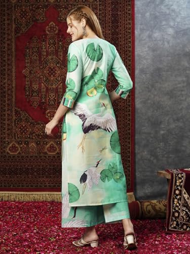 Anni Designer Women'S Cotton Blend Straight Printed Kurta With Palazzo (Swans See Green-Jl_Xl_See Green_X-Large),See Green,XL,Cotton Blend,Regular,