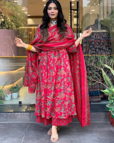 Anni Designer Women'S Rayon Viscose Anarkali Printed Kurta With Palazzo & Dupatta (Cia Pink-Vks01_S_Pink_Small),Pink,S,Rayon,Anarkali,
