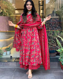 Anni Designer Women'S Rayon Viscose Anarkali Printed Kurta With Palazzo & Dupatta (Cia Pink_M_Pink_Medium),Pink,M,Rayon,Anarkali,