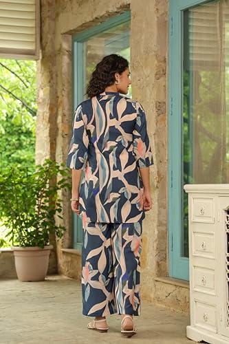 Leriya Fashion Rayon Printed A-Line Front Open Co-Ord Kurta Set For Women (Lf-W2115&Tr1067-M-Blue)