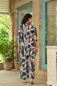 Leriya Fashion Rayon Printed A-Line Front Open Co-Ord Kurta Set For Women (Lf-W2115&Tr1067-M-Blue)