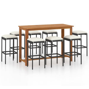 Vidaxl 9 Piece Garden Patio Bar Set With Cushions - Solid Acacia Wood Table & Poly Rattan Bar Stools - Black & Cream Outdoor Furniture Set