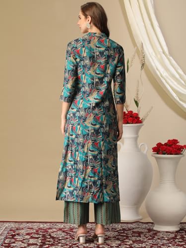 Anni Designer Women'S Cotton Blend Straight Printed Kurta With Pant (Bbcom Blue-Nj_M_Blue_Medium),Blue,M,Cotton Blend,Regular,