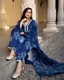 Anni Designer Women'S Rayon Viscose Printed Straight Kurta With Pant & Dupatta (Murgan Blue_Xxl_Blue_Xx-Large),Blue,2XL,Rayon Blend,Classic,