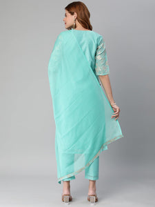 Anni Designer Women'S Banarasi Woven Straight Embellished Printed Kurta With Pant & Dupatta (Kabzaa-See Green_Xxl_See Green_Xx-Large),See Green,2XL,Silk,Regular,