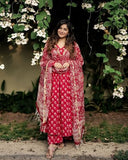 Anni Designer Women'S Rayon Blend Anarkali Printed Kurta With Pant & Dupatta (Ooh Red_S_Red_Small),Red,S,Rayon Blend,Anarkali,Dupatta