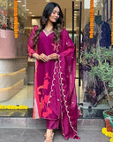 Anni Designer Women'S Cotton Blend Straight Printed Kurta With Pant & Dupatta (Daari Wine_L_Wine_Large),Wine,L,Cotton Blend,Regular,Kurta, Scarf