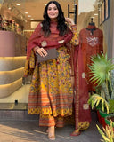 Anni Designer Women'S Rayon Viscose Anarkali Printed Kurta With Palazzo & Dupatta (Venkye Yellow_L_Yellow_Large),Yellow,L,Rayon Blend,Classic,